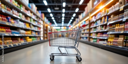Wallpaper Mural an empty cart with a red handle sits in the aisle of a store. the aisles are full of shelves displaying various items Torontodigital.ca