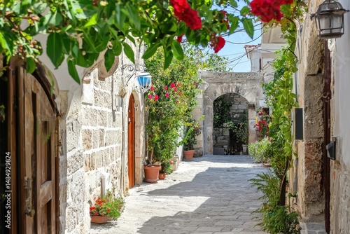 Picturesque Mediterranean alleyway, stone buildings, vibrant flowers, sunlit cobblestones. Ideal for travel, tourism, and lifestyle projects. Perfect for website banners, brochures, and print media.