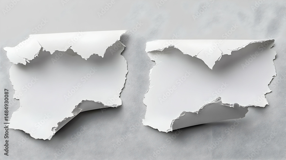 Two torn pieces of white paper, ripped edges, on a light gray surface. Detailed image of the ragged, curled edges of the paper Two torn pieces of white paper, ripped edges, on a light gray surface. Detailed image of the ragged, curled edges of the paper
