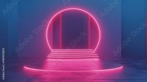 Futuristic neon pink circle archway in a minimalist blue room