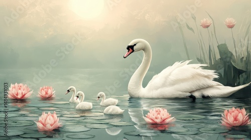 Fototapeta Naklejka Na Ścianę i Meble -  Graceful swan family on serene pond with pink lotus blossoms at sunrise