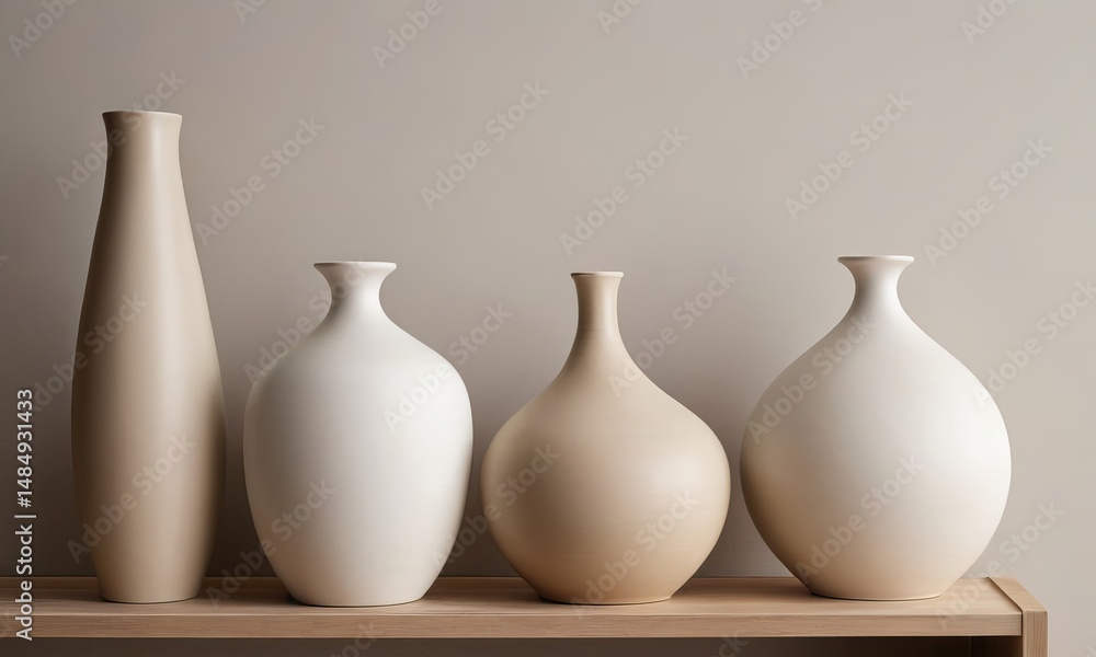 Elegant Ceramic Vases in Neutral Tones on Wooden Shelf Elegant Ceramic Vases in Neutral Tones on Wooden Shelf