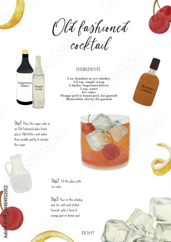 vector, recipe card, Old fashioned cocktail, cocktail card, bar menu, cocktail, drink menu, for cocktail book, cocktail menu, alcoholic drinks, beverage, watercolor, bar cocktails 
