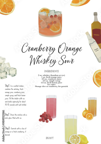 vector, recipe card, Cranberry Orange Whiskey Sour, cocktail card, bar menu, cocktail, drink menu, for cocktail book, cocktail menu, alcoholic drinks, beverage, watercolor, bar cocktails 