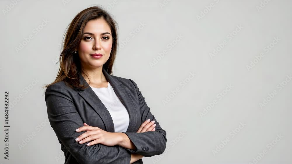 A confident businesswoman in a gray suit stands with arms crossed against a plain background. A confident businesswoman in a gray suit stands with arms crossed against a plain background.