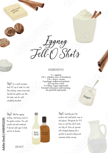 vector, recipe card, Eggnog Jell-O Shots, cocktail card, bar menu, cocktail, drink menu, for cocktail book, cocktail menu, alcoholic drinks, beverage, watercolor, bar cocktails 