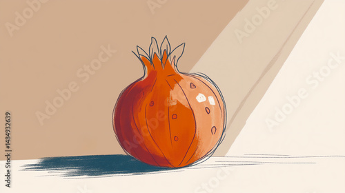 Vibrant flat illustration of a pomegranate with stylized leaves, showcasing its round shape and rich color, perfect for culinary or health-related design projects and creative applications