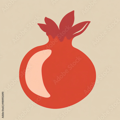 Vibrant flat illustration of a pomegranate with stylized leaves, showcasing its round shape and rich color, perfect for culinary or health-related design projects and creative applications
