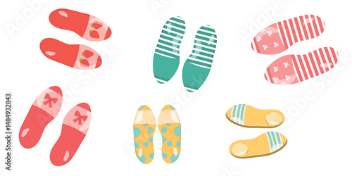 Summer color shoes set. Trendy abstract style. Slingback collection for tropical vacation on beach. Vector illustration