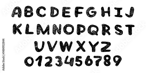 vector charcoal font drawing set. Cartoon balck clip art isolated on transparent background. Hand drown design element. 