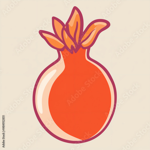 Vibrant flat illustration of a pomegranate with stylized leaves, showcasing its round shape and rich color, perfect for culinary or health-related design projects and creative applications
