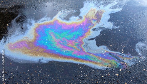 Oil spill reflection on wet road urban environment abstract photography colorful surface viewpoint