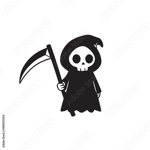 A black silhouette of a cartoonish Grim Reaper figure with a skull face, wearing a hooded cloak, and holding a scythe is shown on a white background.