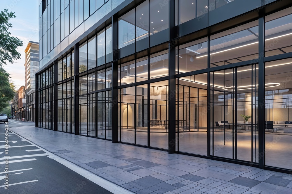 Expansive Commercial Space with Glass Facade and Black Frame on Busy Street Expansive Commercial Space with Glass Facade and Black Frame on Busy Street