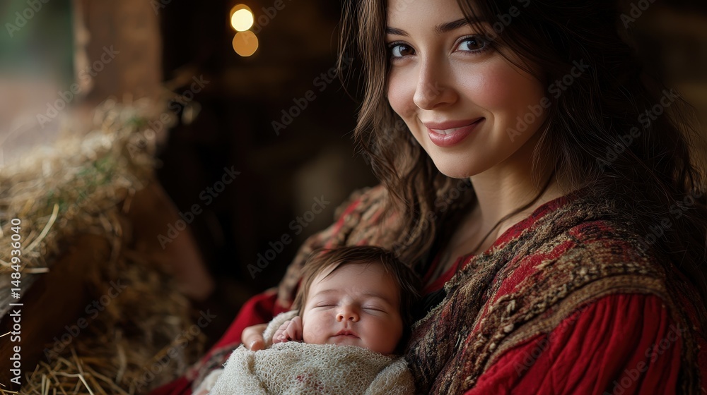 Obraz premium Hispanic young female smiling with sleeping baby in cozy rustic setting