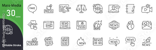 Mass Media related icon collections. Containing Mass Media, Broadcast, News, Communication, Television, Radio, Newspaper, Microphone, Media, and Journalism icons. Editable Stroke.  Outline icons.