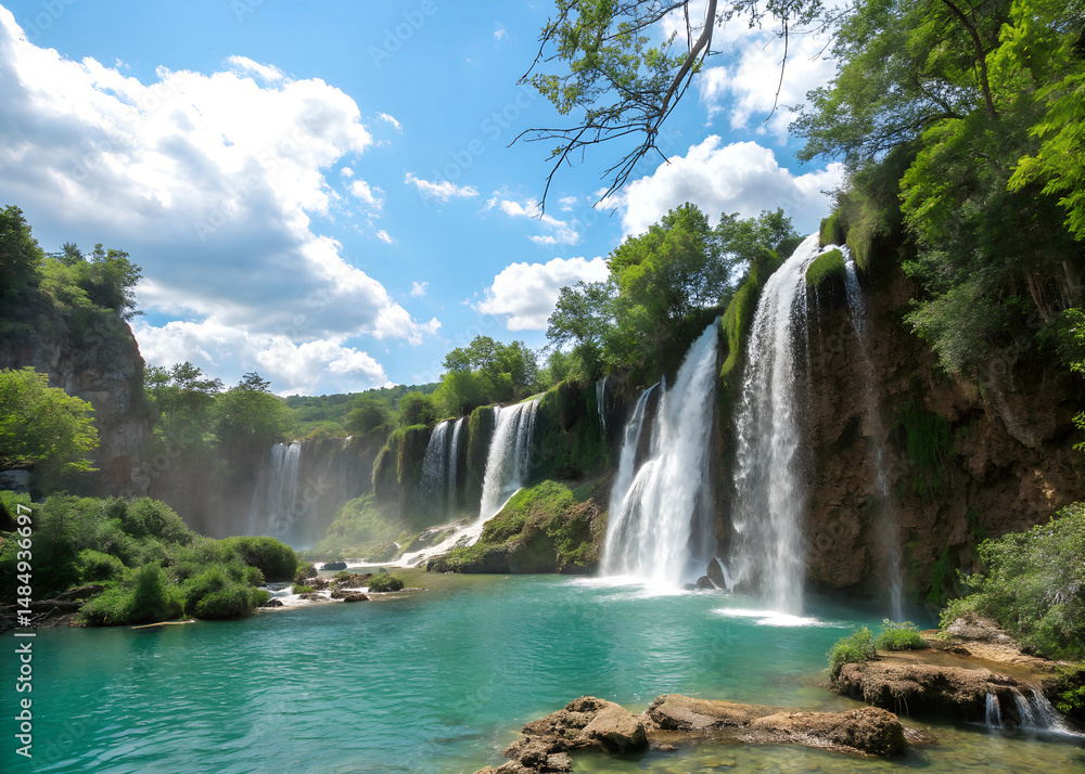 Fototapeta premium A beautiful waterfall surrounded by trees and a clear blue river. The water is calm and peaceful. A photo of a natural waterfall with multiple cascades of water flowing down the rocky cliff face.
