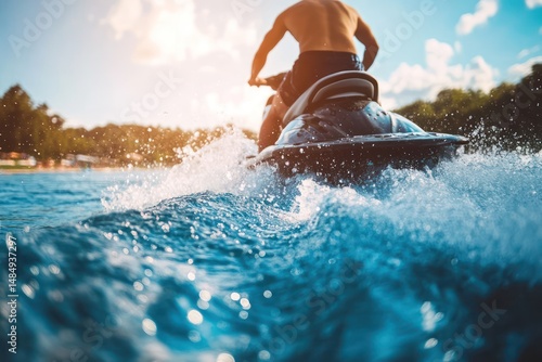 Man riding personal watercraft splashing on blue lake