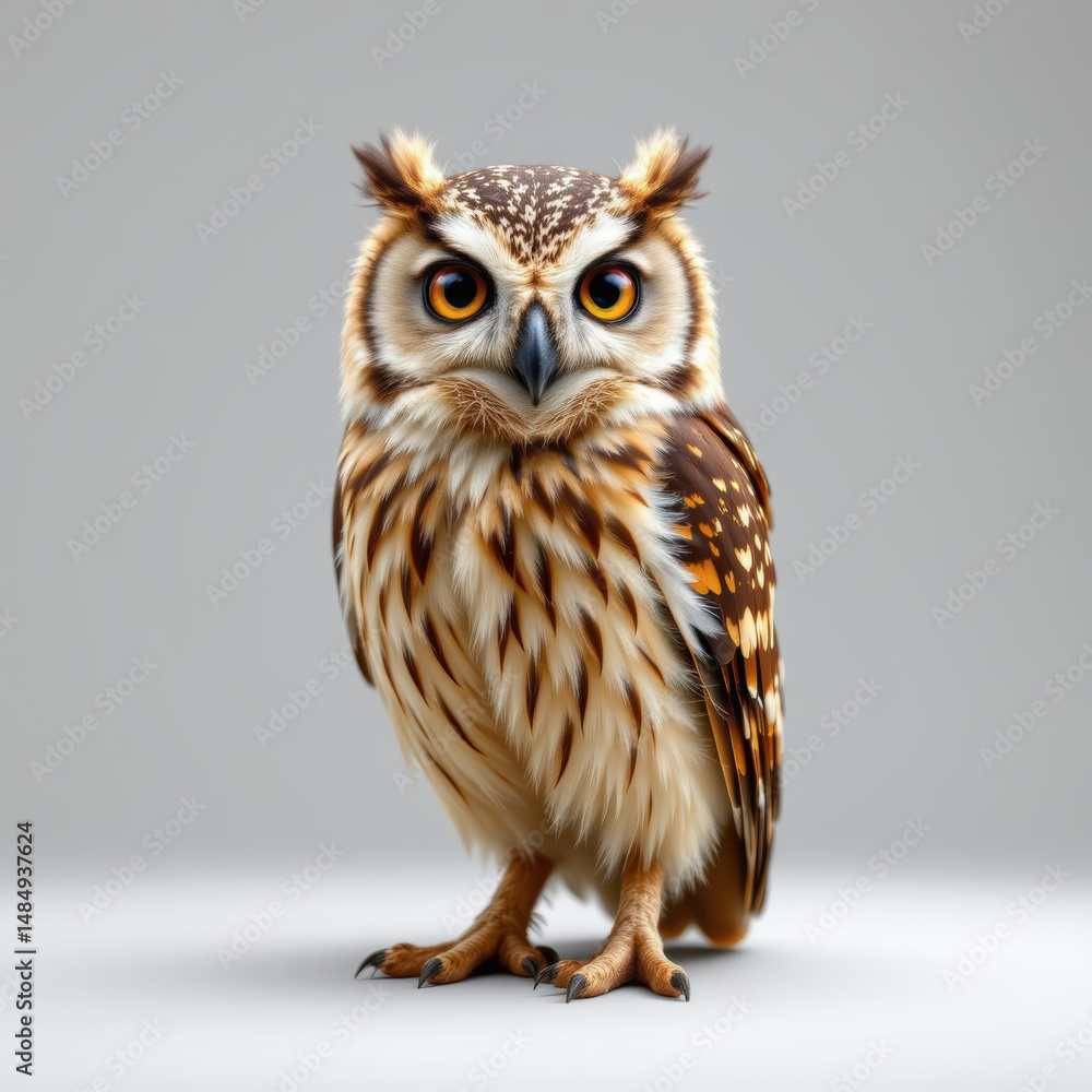 Naklejka premium Detailed image of majestic owl with bright orange eyes and intricate feather patterns, standing neutral background, showcasing its sharp beak and alert expression, evoking sense of wisdom
