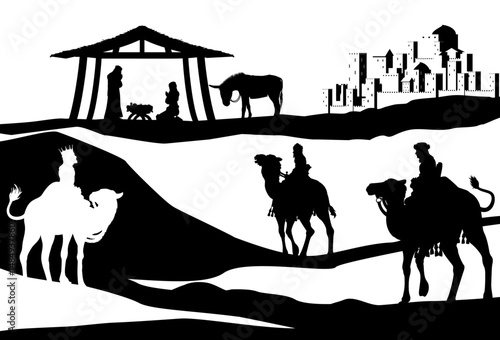 A Christmas nativity scene with baby Jesus in the manger, wise men and city of Bethlehem in the background