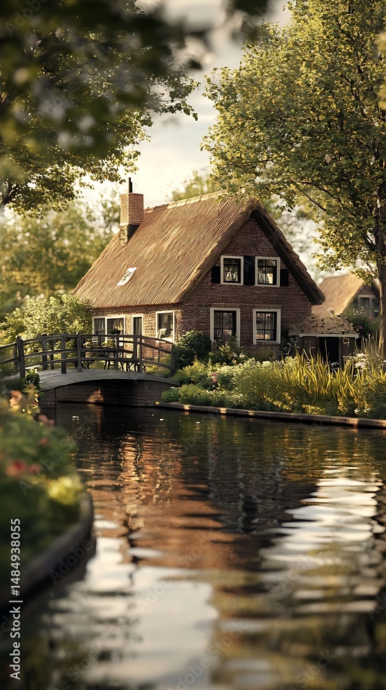 Obraz premium Quaint Canal House With Thatched Roof Reflected in Waterway with Lush Garden View