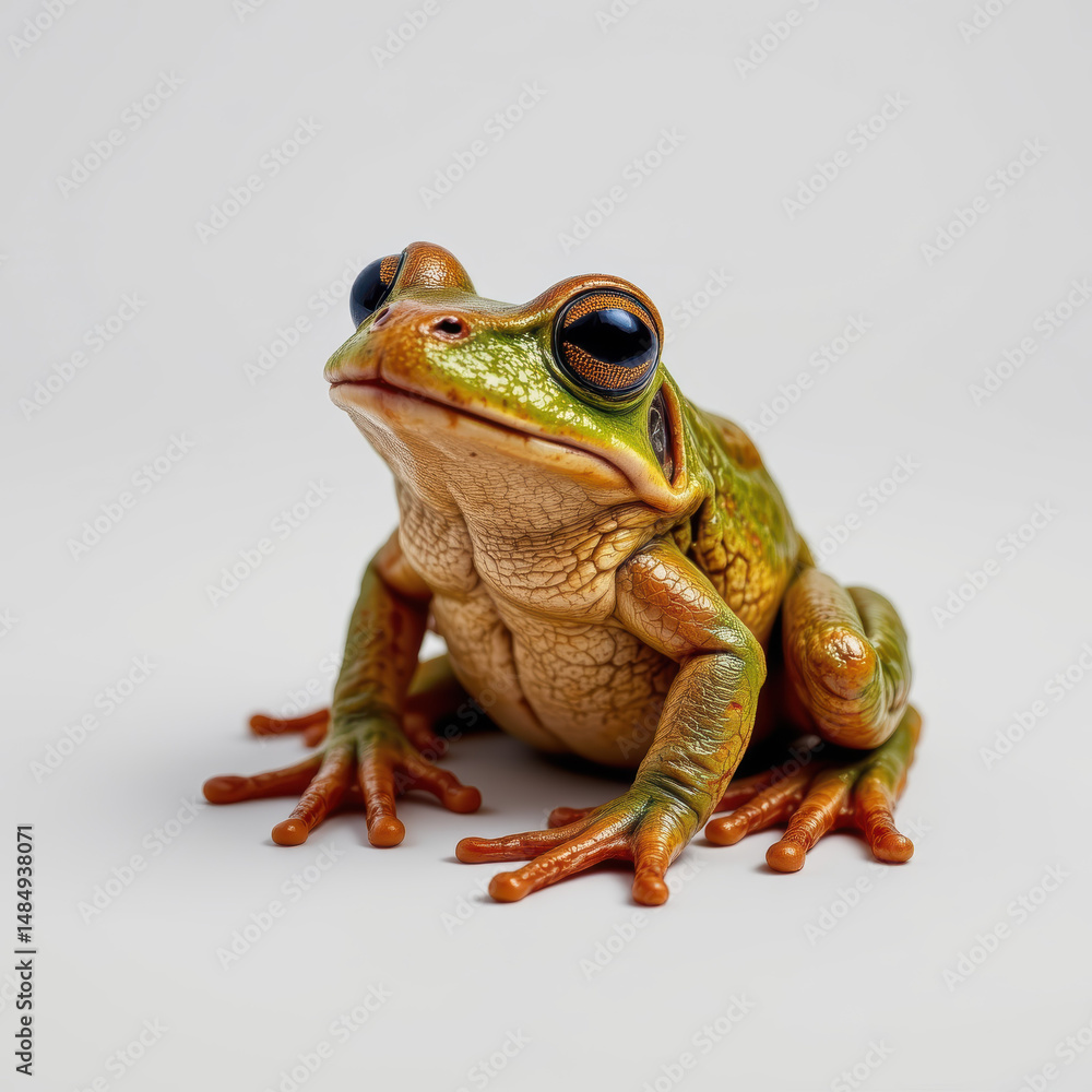 Obraz premium Close up of colorful frog with large eyes on plain background, showcasing detailed skin texture and vibrant colors, evoking curiosity and admiration for nature beauty