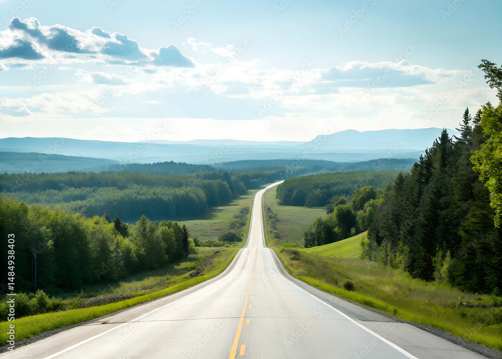 Naklejka premium A long road with a clear blue sky and trees in the background