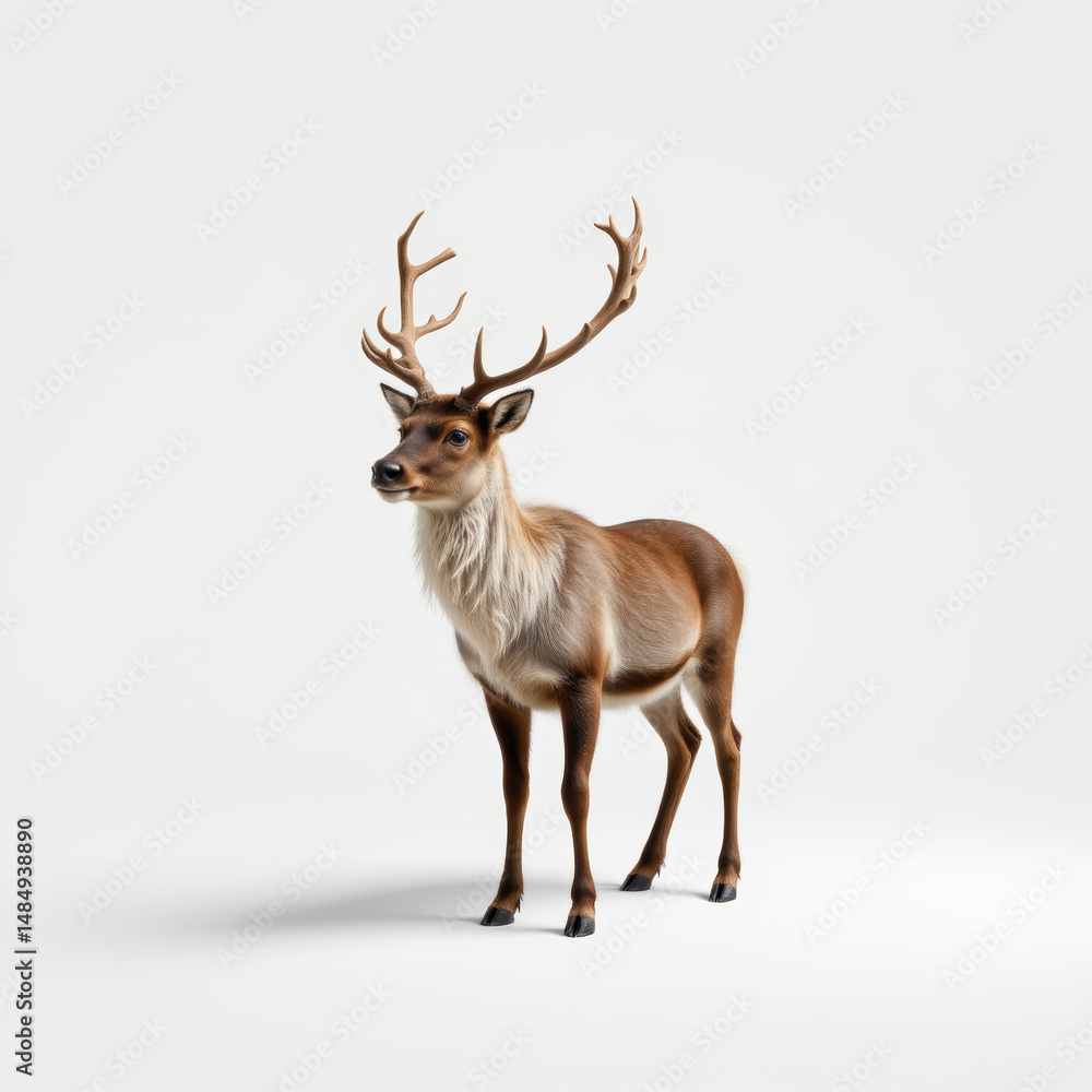 Fototapeta premium Solitary reindeer with large antlers standing on plain white background, showcasing its detailed fur and majestic stance, evoking sense of calm and wilderness