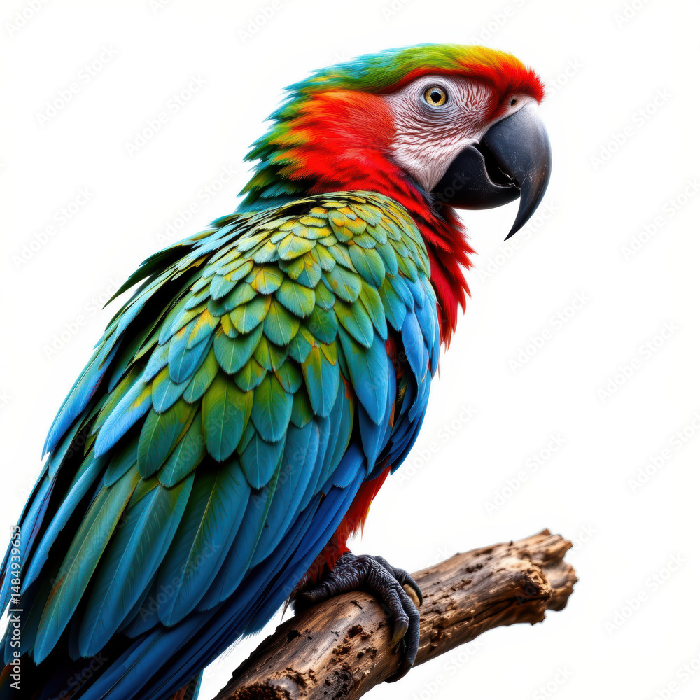 Fototapeta premium Colorful parrot perched on branch with vibrant feathers and expressive eyes, showcasing tropical bird beauty and exotic wildlife. Bright, detailed, and striking appearance