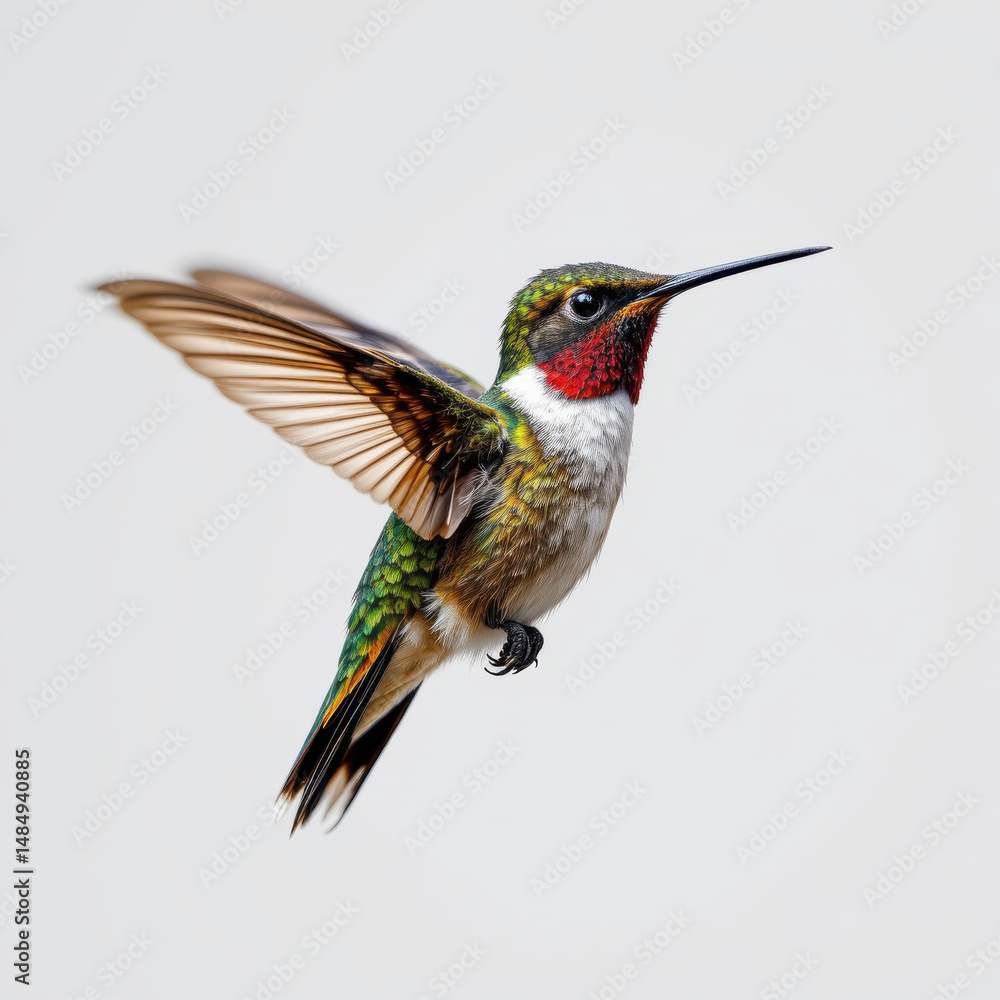 Fototapeta premium Colorful hummingbird in flight with detailed feathers and vibrant colors, isolated on plain background, showcasing its delicate wings and long beak, evoking sense of grace and agility