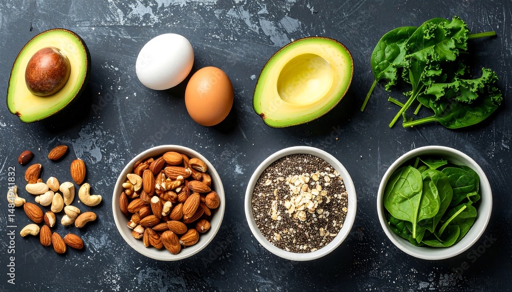 Flat lay of keto diet ingredients including avocado, eggs, nuts, and leafy greens on dark surface Flat lay of keto diet ingredients including avocado, eggs, nuts, and leafy greens on dark surface