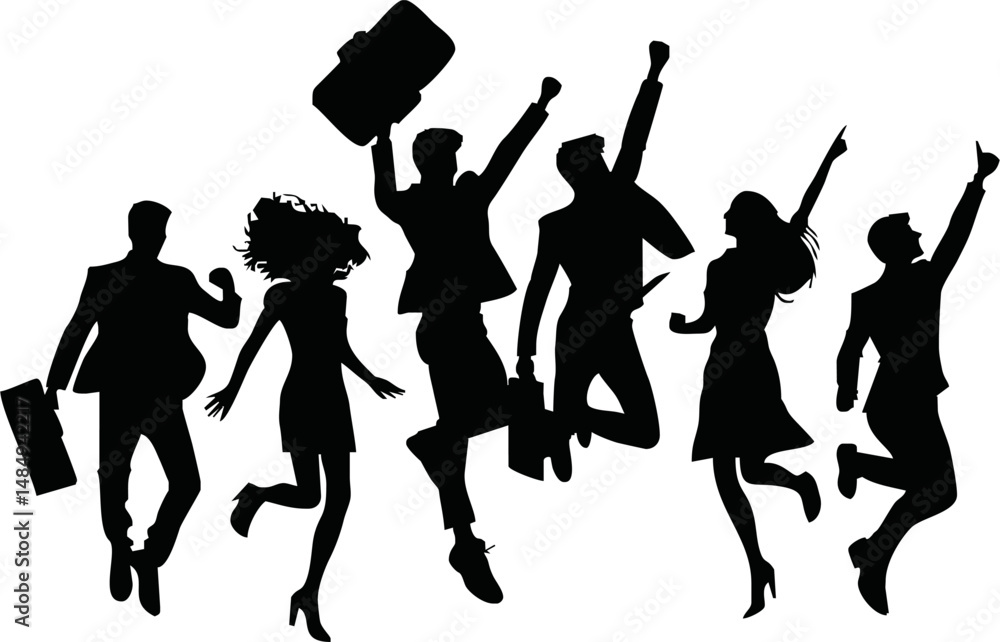 Obraz premium Vector silhouette of a group of young professionals jumping or celebrating together, startup team success, minimal black shapes, for business and innovation themes