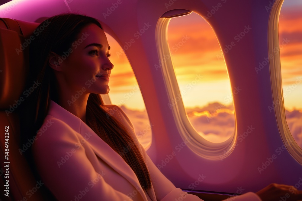 Fototapeta premium Smiling woman looks out airplane window at sunset
