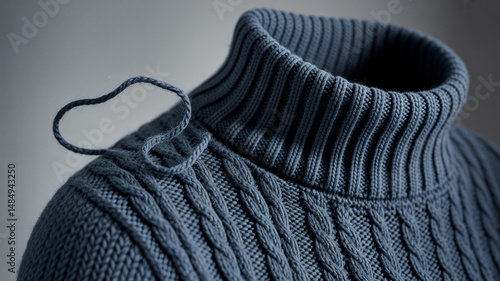 Dark blue knitted sweater detail showing collar and pattern