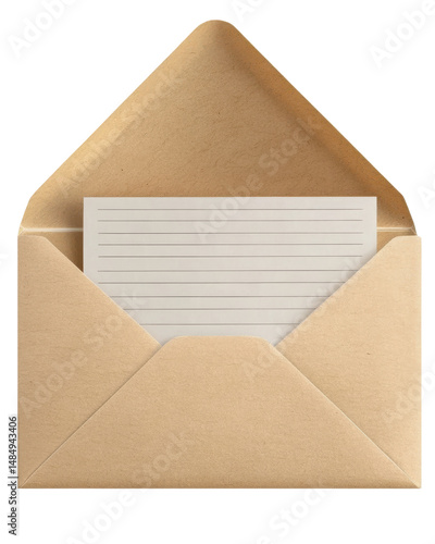 open kraft envelope with lined paper on white background.