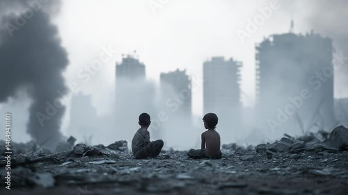 Children in a war torn urban environment