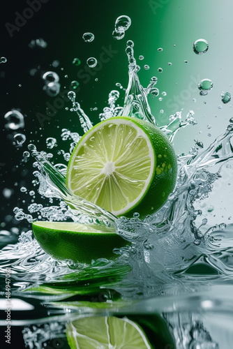 AI Generative. Fresh Limes Splashing in Water Green Gradient Background. 7