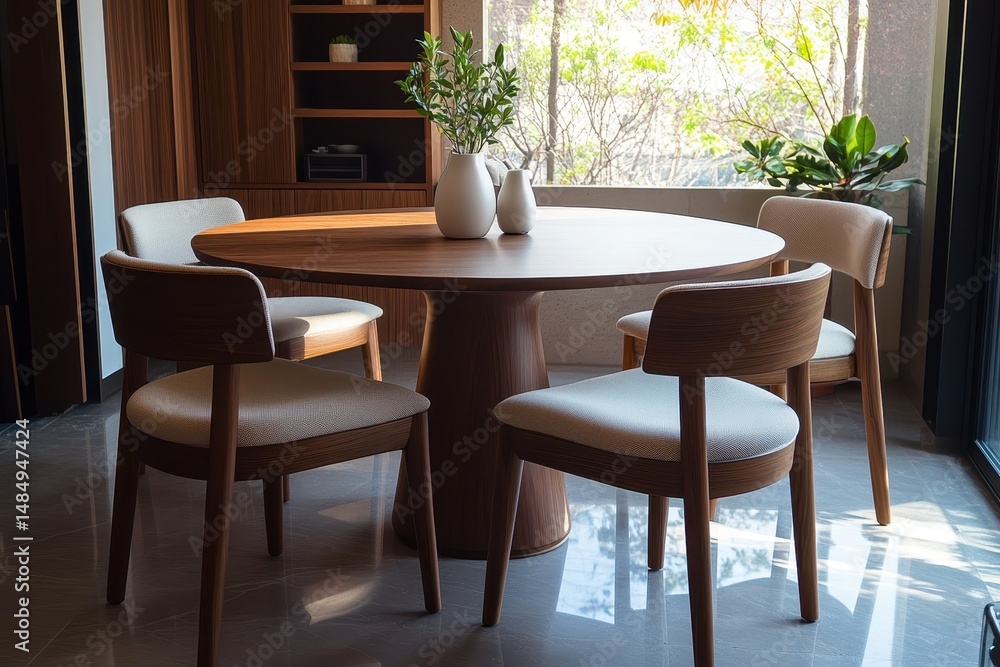 Obraz premium Sunlit round dining table with four off-white chairs