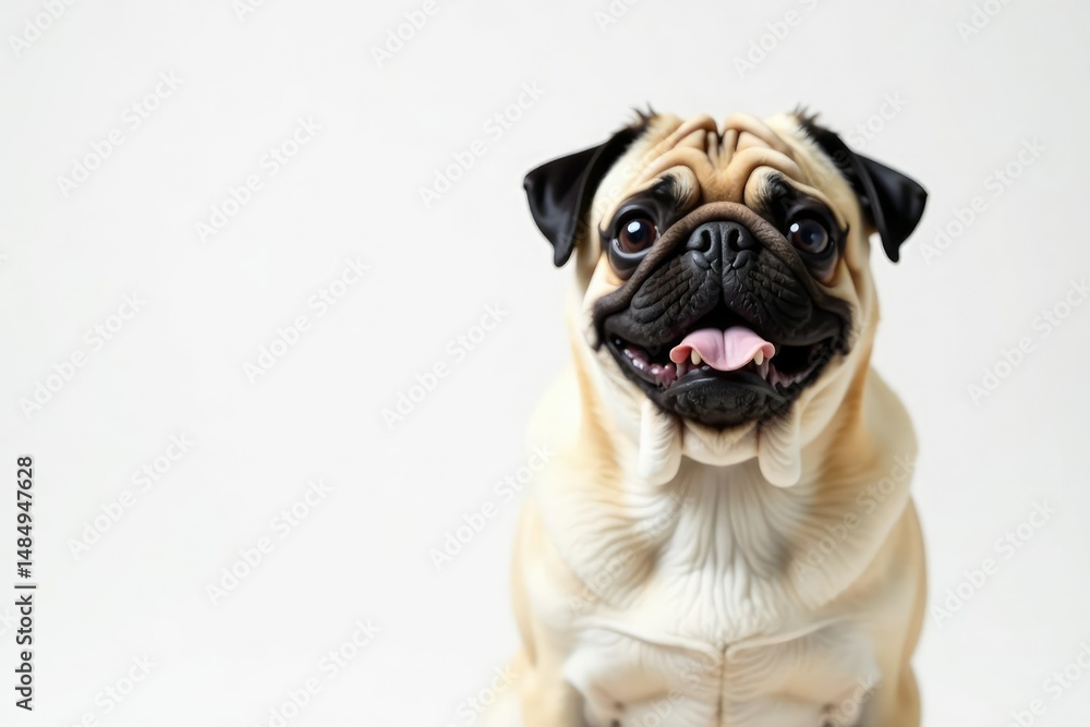 Single pug, posed against bright white backdrop, wallpaper, illustration, cute Single pug, posed against bright white backdrop, wallpaper, illustration, cute