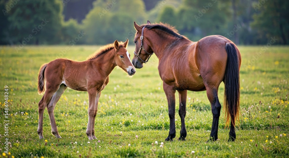 Fototapeta premium Brown Mare and Foal Share Tender Moment in Field