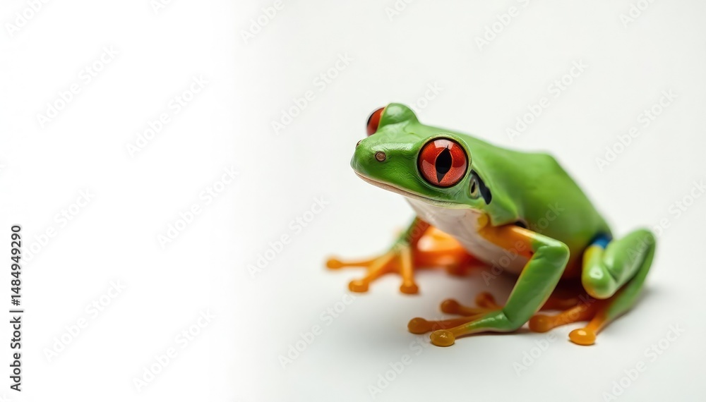 Obraz premium Single vibrant red-eyed tree frog on pure white, red-eyed tree frog, exotic