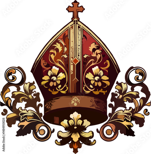 Baroque Style Bishop Mitre with Golden Floral Ornaments and Radiant Halo – Luxurious Ecclesiastical Headwear Illustration