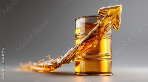 Black oil prices high jump Gold bars investment security wealth Oil barrel with upward arrow representing growth or increase.