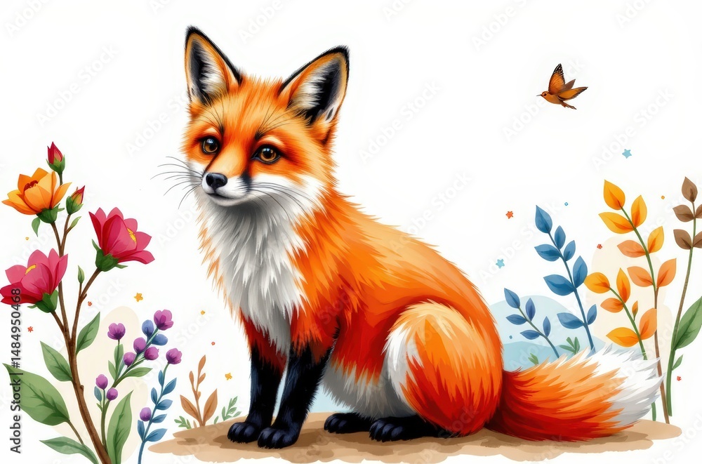 Fototapeta premium A cute fox sits among colorful flowers and leaves, with a small bird flying nearby on a white background.