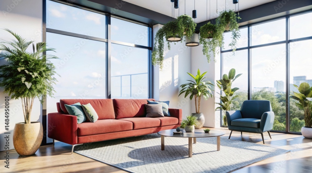 Modern living room with large windows, lush indoor plants, stylish furniture, and abundant natural light. Modern living room with large windows, lush indoor plants, stylish furniture, and abundant natural light.