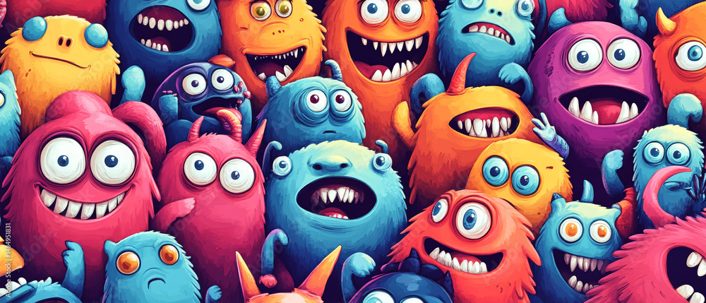 Colorful monsters and aliens creating a vibrant pattern against a dark backdrop in a whimsical world of fun Colorful monsters and aliens creating a vibrant pattern against a dark backdrop in a whimsical world of fun