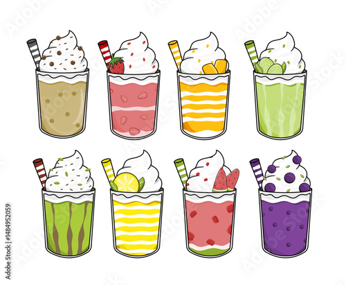 Colorful Smoothies in Glasses – Fruit Beverage Vector Set Isolated on White