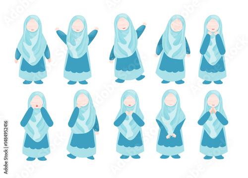 Cute Faceless girl in Blue Hijab and Dress – Islamic Girl Vector Illustration Set