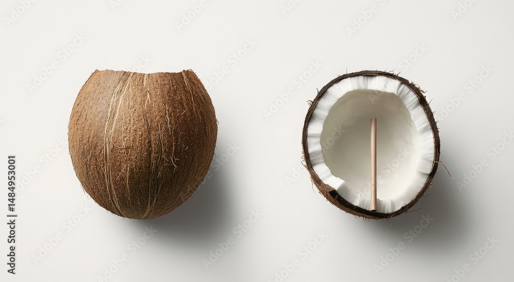 Fototapeta premium Whole and halved coconut on white background