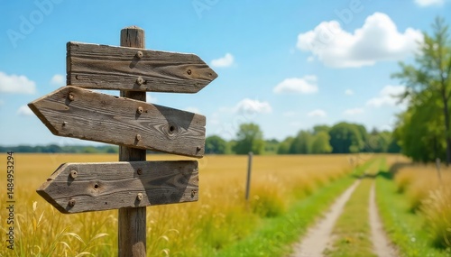 Rustic crossroads signpost pointing in four directions, weathered wood, rural setting , junction, arrow